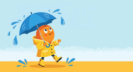 Joyful Character Walks In The Rain Under Umbrella With Enthusiasm During Rainy Season
