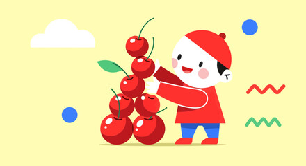 Joyful Character with Red Cherries in a Playful, Colorful, Illustrated Composition