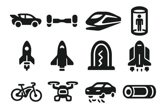 Futuristic Travel Icons. Solid style icons of Future travel concepts: flying car, hoverboard, futuristic train, teleportation