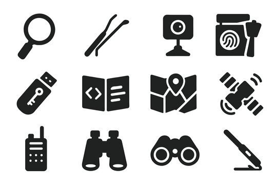 Espionage Tools Icons. Solid style icons of Espionage tools: magnifying glass, lockpick, hidden camera, fingerprint kit, encrypted