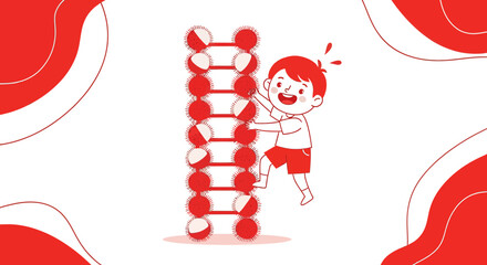 Joyful Child Achieving Goals Climbing a Unique, Abstract Ladder with Enthusiasm and Excitement