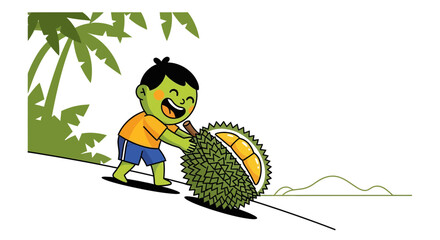 Joyful Child and Exotic Durian Fruit on Tropical Island with Palms and Happiness