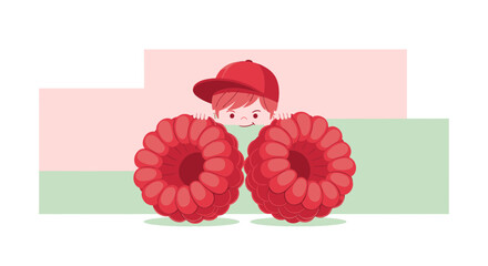 Joyful Child and Two Giant Raspberries In a Playful Cartoon Illustration