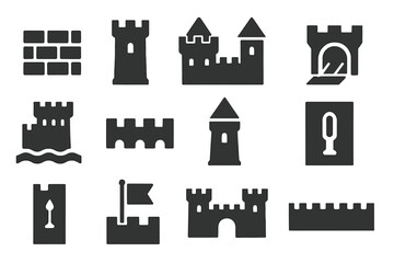 Fototapeta premium Medieval Castle Icons. Solid style icons of Medieval castles and fortifications: stone wall, castle tower, gatehouse, drawbridge,