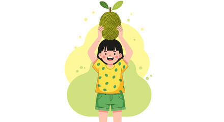 Joyful Child Balancing A Jackfruit On Her Head And Smiling With Delightful Energy