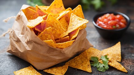 Closeup of a paper bag filled with crispy tortilla chips served with fresh tomato salsa on a table