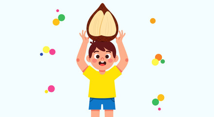 Joyful Child Balancing Exotic Brown Fruit Above His Head in Playful Illustration