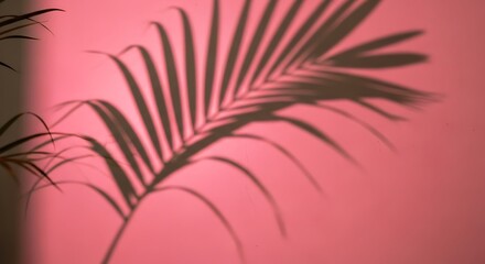 A shadow of a palm leaf is cast on a pink wall, creating an abstract and minimalist composition.