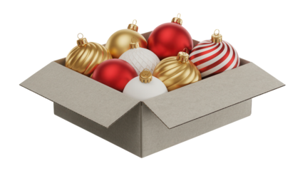 Festive holiday ornaments in a cardboard box ready for Christmas tree decorating, capturing the joy of seasonal preparation and festive spirit.
