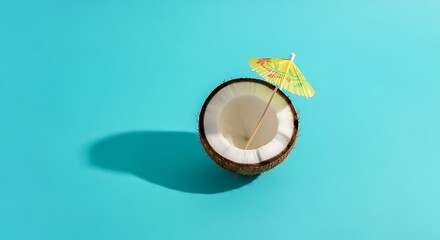 A halved coconut with a small yellow paper umbrella inserted into the white flesh, casting a shadow on a bright turquoise background.