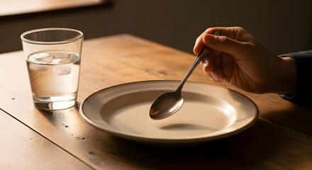 A hand holding a spoon over an empty plate next to a glass of water on a wooden table surface top