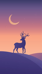 Minimalistic landscape with deer in Scandinavian style. Gradient vector art in purple colors. Hand drawn original illustration for Christmas cards.