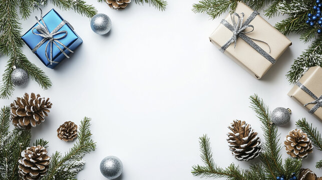 Blue and silver holiday decorations with wrapped gift boxes, pine cones, and evergreen branches arranged on white background creating festive and elegant winter scene