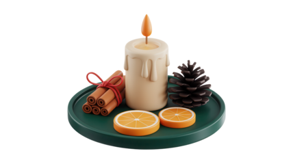 Warm flickering candle with cinnamon sticks, pinecone, and orange slices evokes cozy holiday vibes and festive seasonal ambiance for your projects.
