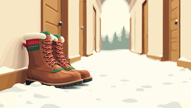 Winter boots in hallway covered with snow near doors, concept of returning home from walk in cold weather