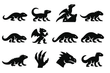 Naklejka premium Lizard-Dragon Icon Series. Solid style icons of lizard-like dragons: dragon crawling, dragon walking, dragon climbing rock, dragon