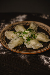 Steamed dumplings with fresh herbs on rustic plate