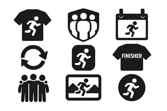 Reverse Run Icons. Solid style icons of reverse run community: team T-shirt icon, social group badge, matching bib panel. Club