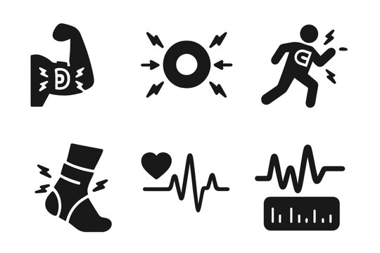 Athletic Recovery Icons. Solid style icons of athletic recovery with magnets: post-workout band, muscle recovery disc, performance