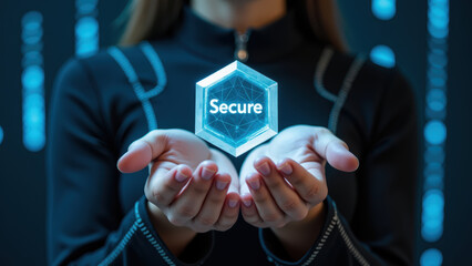 Person holding transparent hexagonal shape with word Secure displayed, surrounded by digital background with blue lights, symbolizing