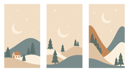 Naklejka premium Set of Nordic minimalist landscapes. Winter mountains, moon and stars in warm colors. Hand drawn original vector illustrations.