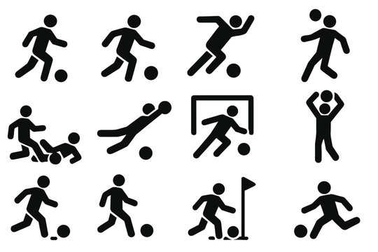 Solid Soccer Actions Icons. Solid style icons of Soccer actions: dribble, pass, shoot, header, tackle, save, goal kick, throw-in,
