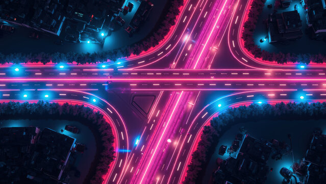 Aerial view of vibrant highway intersection illuminated with neon pink and blue lights, showcasing futuristic urban landscape