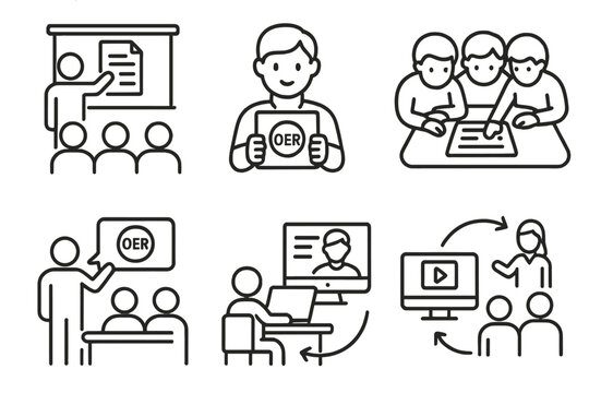 OER Classroom Dynamics. Line style icons of OER usage in classrooms: teacher projecting slide, student reading OER tablet, group