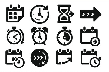 Time Icons Collection. Solid style icons of time skipping: calendar flip, clock hands forward, hourglass fast, timeline arrow,