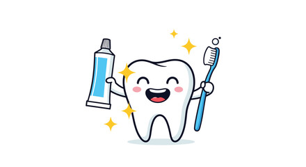 Bright and happy cartoon tooth encourages good oral hygiene with a sparkling smile, holding a toothbrush and toothpaste.
