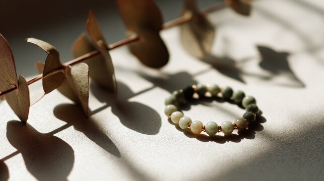 Elegant jade bracelet with eucalyptus shadows in natural sunlight