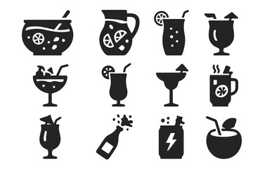Party Drinks Icons. Solid style icons of party drinks: punch bowl, sangria pitcher, sparkling soda, fruit cocktail, mocktail glass