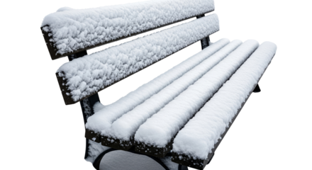 Snow-covered park bench in winter isolated on a transparent background  