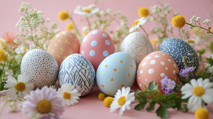 Fototapeta premium Colorful Easter eggs with various patterns are arranged among fresh spring flowers on soft pink background, creating bright and cheerful festive atmosphere