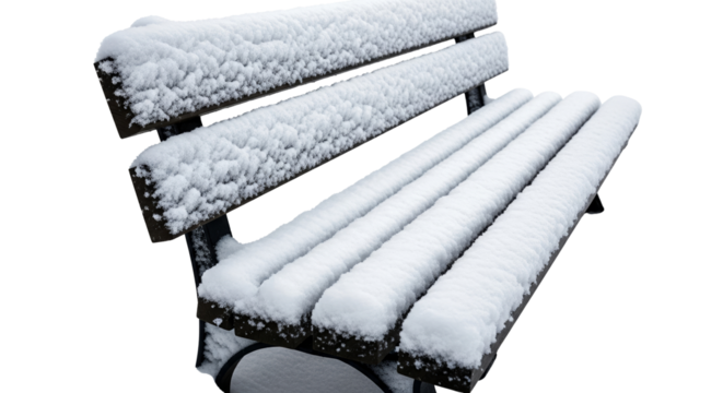 Snow-covered park bench in winter isolated on a transparent background  