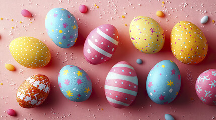 Colorful Easter eggs with bright pastel patterns scattered on soft pink surface, creating festive and cheerful atmosphere with various decorative designs and small candy pieces