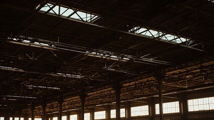 Gazing up at the majestic ceiling of a vast, desolate industrial hall, an architectural marvel of steel trusses and sunlight
