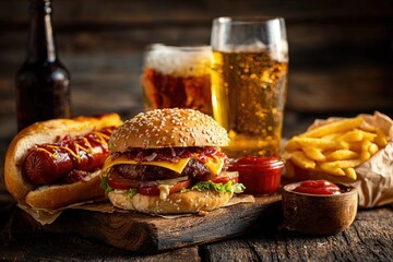 Delicious gourmet burger with melted cheese, crispy fries, and sausages, served with cold beers on rustic wooden table, showcasing a vibrant food experience