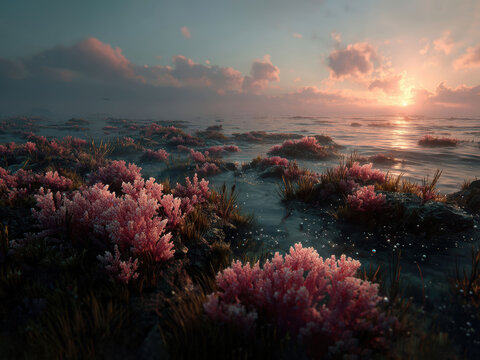 Underwater sunrisesunset with coral formations, pink hue, jellyfish-like creatures, rippled water surface, soft glow, vibrant colors, realistic style - AI-Generated