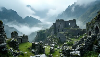 Ethereal view of majestic architectural ruins nestled among misty mountain peaks, a forgotten stone citadel lost to time and fog