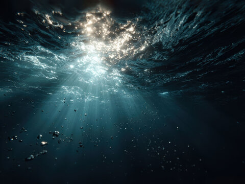 Underwater scene with sunlight streaming, vibrant colors, dynamic water patterns, bubbles, high quality, cinematic effect - AI-Generated