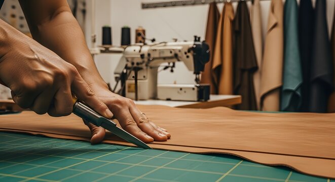 A person cutting leather on a green cutting mat with a sewing machine in the background studio