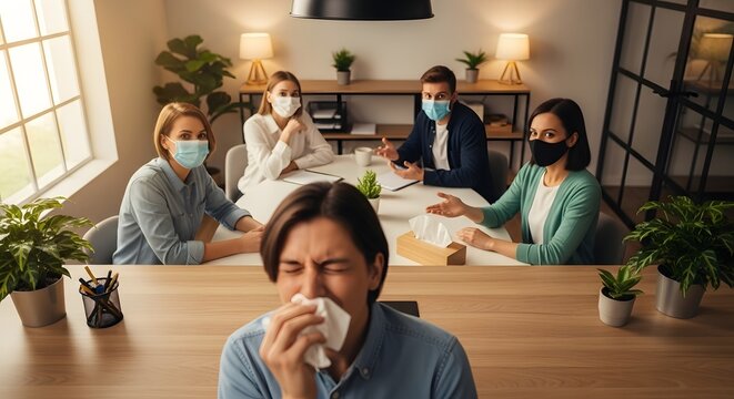 Man sneezing at a meeting with masked colleagues during a pandemic in a bright modern office space