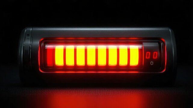A sleek device displays a battery level. Bright, glowing bars shift colors, indicating charge. A digital readout