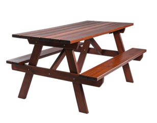 A polished dark wood picnic table with attached seating