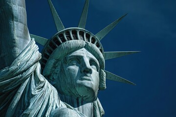 Iconic statue with a crown and torch, symbolizing freedom and democracy, stands tall against a clear blue sky, representing hope and inspiration for all nations