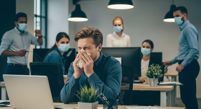 Man sneezing into tissue in office with coworkers wearing masks during possible pandemic situation