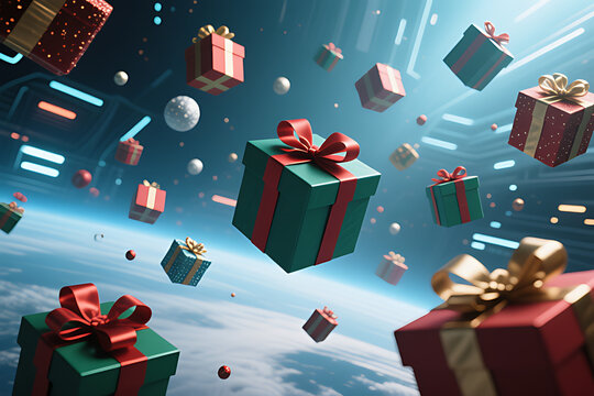Christmas Gifts Floating in Outer Space Above Planet Earth, Global Holiday Celebration Concept

