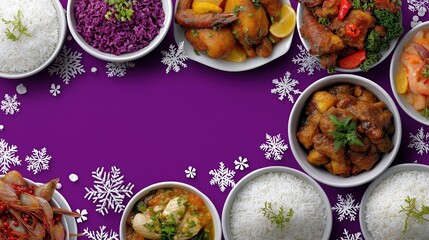 Colorful spread of diverse dishes and rice on purple background with snowflakes
