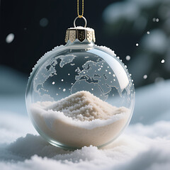 Global Christmas Ornament: World Map in a Snowy Glass Bauble, Symbolizing Holiday Spirit Around the World

